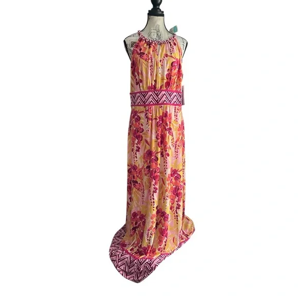 Wisp Tropical Floral Halter Maxi Dress Pink Yellow Braided Strap NWT 12 Summer - Picture 1 of 13